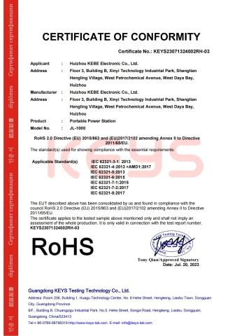 Certificate of Conformity certificate of Shenzhen Kebe Electronic Co., Ltd – certificate photo, supplier certificates section
