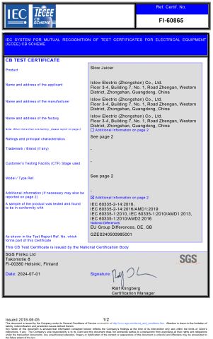CB certificate from Islow Electric (Zhongshan) Co., Ltd