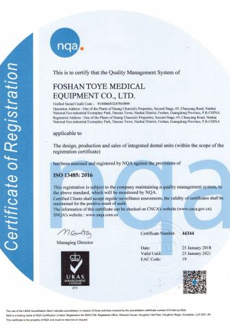 ISO CERTIFICATE certificate from Foshan Toye Dental Equipment Co., Ltd.