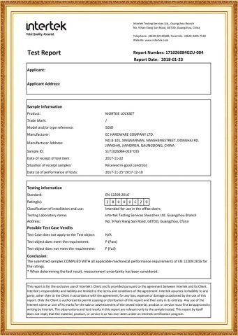 Mortise Lock EN12209:2016 certificate from EC Hardware Co., Ltd.