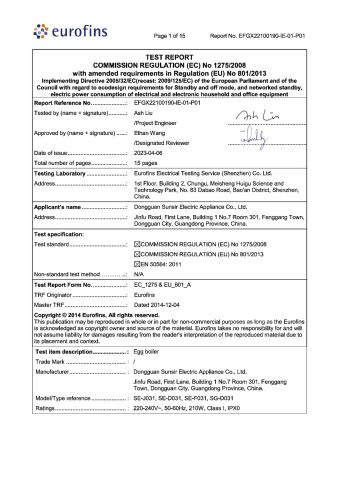 Product Inspection Report certificate from Guangdong Sunsir Electric Appliance Co., Ltd.