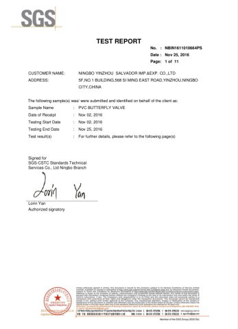 SGS certificate from Ningbo Salvador Piping System Co., Ltd.