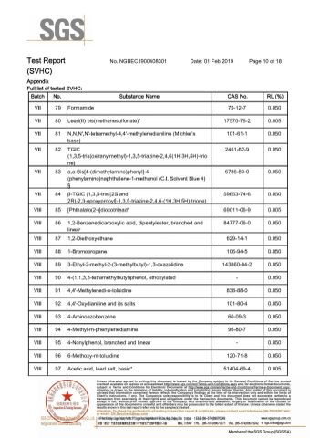 PIGMENT BLUE 153-SVHC-10 certificate of ORIEN CHEMICAL CO., LTD. – certificate photo, supplier certificates section