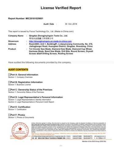 SGS certificate of Qingdao Zhongjinyingxin Tools Co., Ltd. – certificate photo, supplier certificates section