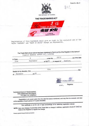 Overseas Registration certificate from Tianjin Shengfa Candle Co., Ltd
