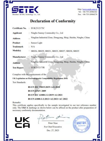 UKCA certificate from Ningbo Sunray Commodity Co., Ltd