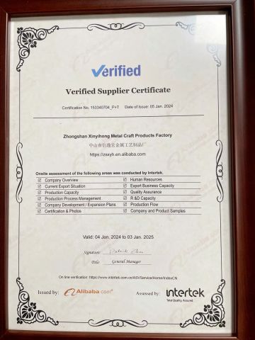 Certificate certificate from Zhongshan Xinyihong Metal Craft Products Factory