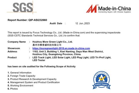 SGS certificate from Huizhou More Green Light Co., Ltd.