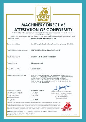 Machinery directive attestation of conformity certificate of Jiangsu Sinopak Tec Machinery Co, Ltd. – certificate photo, supplier certificates section