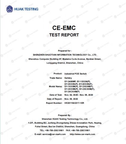 Industrial Switch EMC test report certificate from Shenzhen Shuotian Information Technology Co., Ltd.