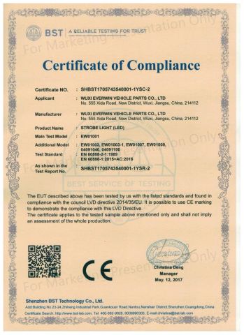 LED Light LVD Certificate certificate from Wuxi Everwin Vehicle Parts Co., Ltd.