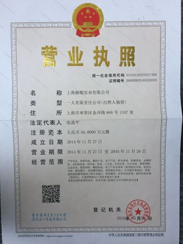 Business license certificate from Shanghai Remaco Industrial Co., Ltd.