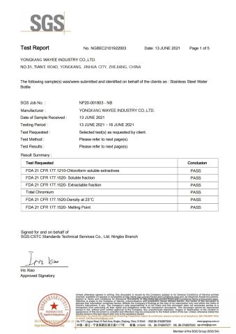 FDA certificate from Yongkang Wayee Industry Co., Ltd.