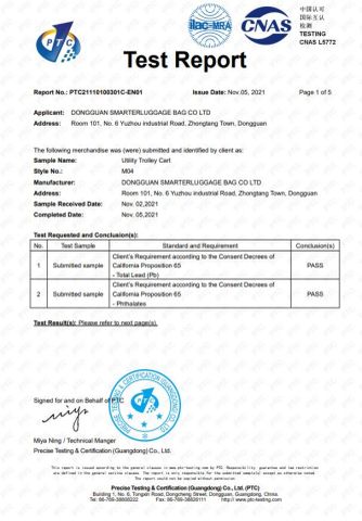 CA65 certificate of Smarter Luggage Bag Co., Ltd. – certificate photo, supplier certificates section