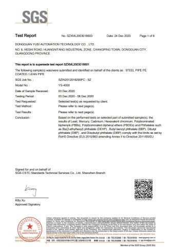 YUSI SGS RoHS report----Coated part certificate from Dongguan Yusi Automation Technology Co., Ltd.