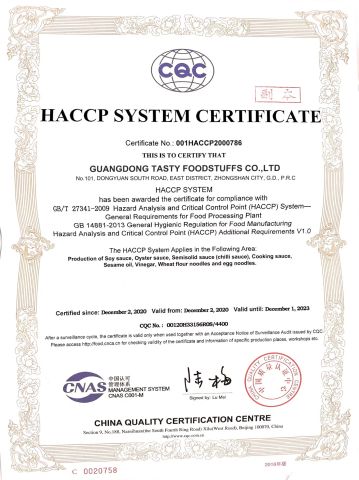 HACCP certificate from Guangdong Tasty Foodstuffs Co., Ltd.