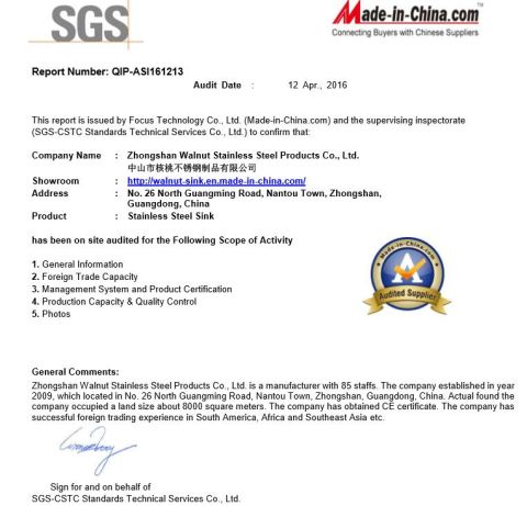 SGS Report certificate of Jiangmen Walnut Stainless steel Products Co., Ltd – certificate photo, supplier certificates section