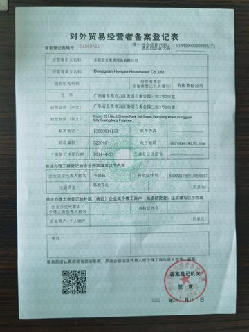 License Photo certificate from Dongguan Hongan Houseware Co., Ltd.