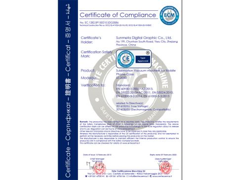 CE Certificate of Sublimation machine ST-2030 certificate of Yiwu Sunmeta Technology Co., Ltd. – certificate photo, supplier certificates section