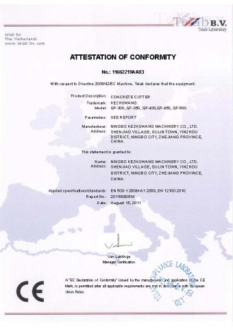 Concrete cutter of CE certification certificate from Ningbo Ace Machinery Co., Ltd.
