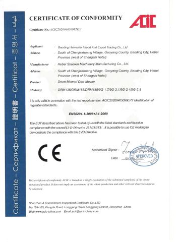 CE certificate from Baoding Harvest Import and Export Trading Co., Ltd.
