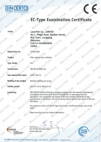 DTY- Diode/ND:YAG Laser Safety Glasses Meet CE EN 207 DIN CERTCO certificate from LaserPair Co., Limited