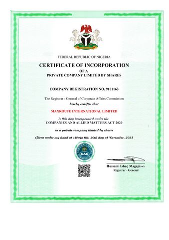 CAC Certificate  certificate of Maxroute International Limited – certificate photo, supplier certificates section