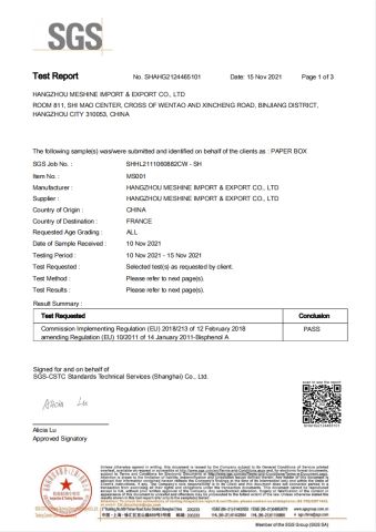 BPA certificate of Hangzhou Meshine Import And Export Co., Ltd – certificate photo, supplier certificates section