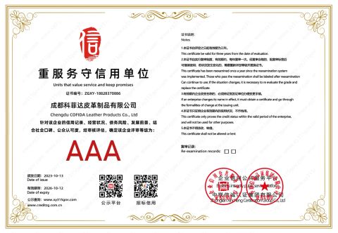 AAA Company in Valuing Service and Keep Promises certificate from CHENGDU COFIDA LEATHER PRODUCTS CO., LTD.