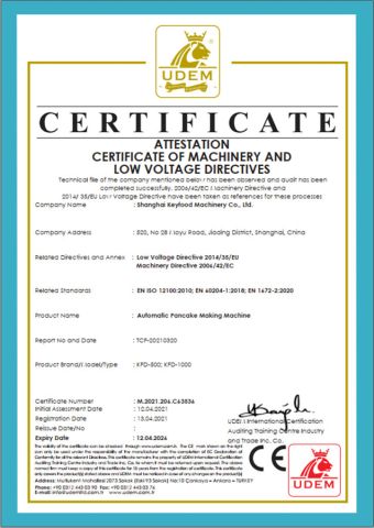 CE of Dorayaki pancake making machine certificate from Shanghai Keyfood Machinery Co., Ltd.