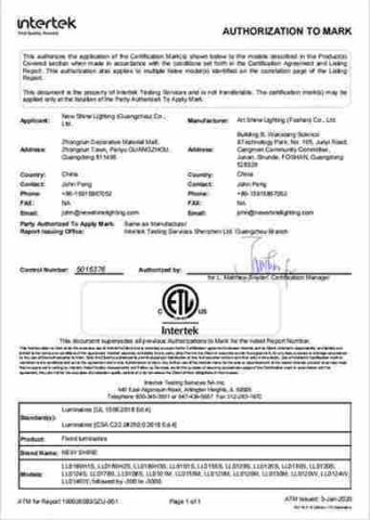 ETL for Fixed Luminaires 2 certificate of New Shine Lighting (Guangzhou) Co., Ltd – certificate photo, supplier certificates section