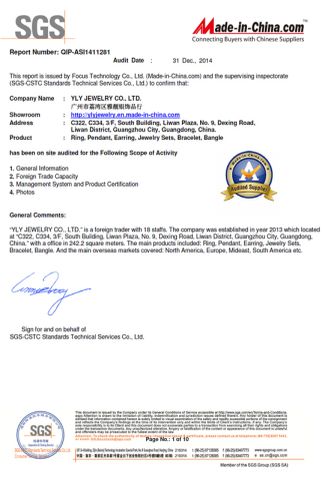 SGS certificate from YLY JEWELLERY CO., LTD.