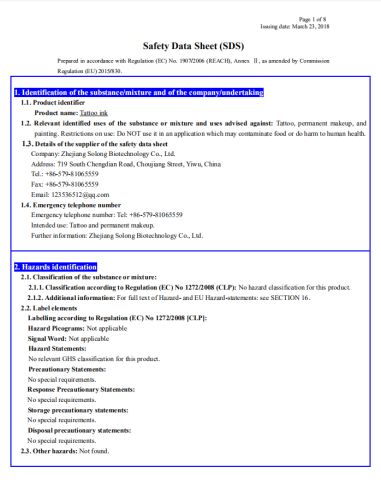 SDS of Tattoo Ink certificate from Hangzhou Solong Technology Co., Ltd.