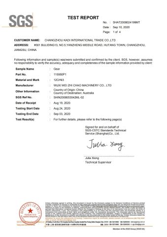 SGS TEST REPORT certificate from Changzhou Kadi International Trade Co., Ltd.