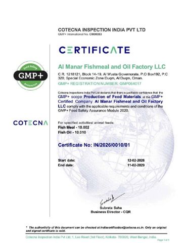 GMP+ scope Production of Feed Materials certificate from Al Manar Fishmeal & Oil Production