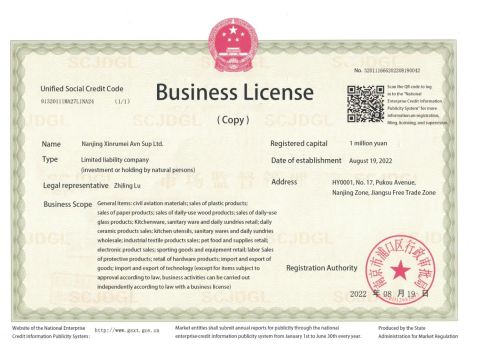 Business License certificate from Nanjing Xinrumei Avn Sup Ltd.