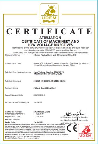 CE certificate from Henan Taixing Grain and Oil Equipment Co., Ltd.