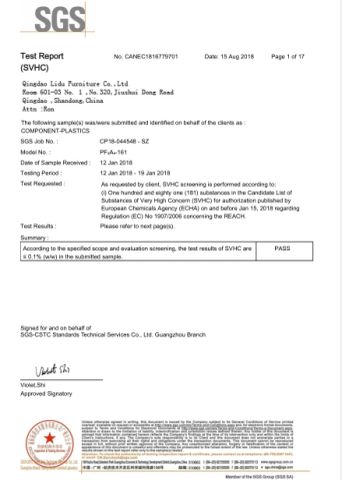 SVHC certificate from Qingdao Lidu Furniture Co., Ltd.