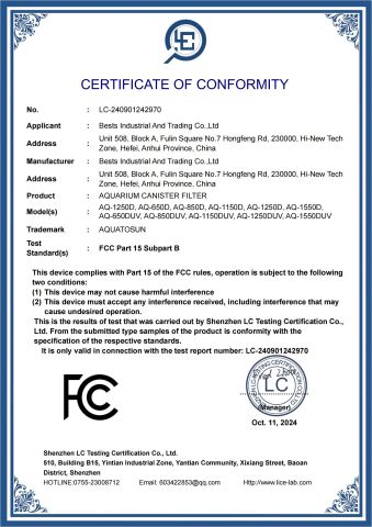 FCC OF FILTER CANISTER certificate of Bests Industrial and Trading Co., Ltd – certificate photo, supplier certificates section
