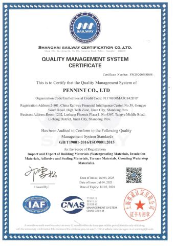 ISO 9001 certificate from Pennint Co., Ltd.