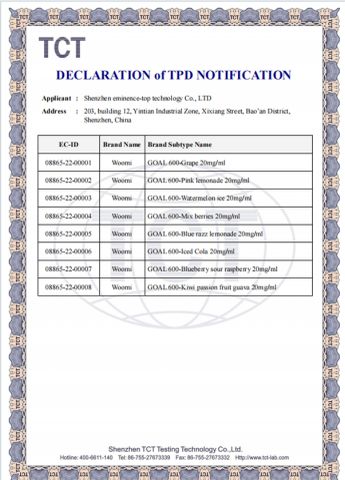 TPD certificate from Shenzhen Eminence-Top Technology Co., Ltd.