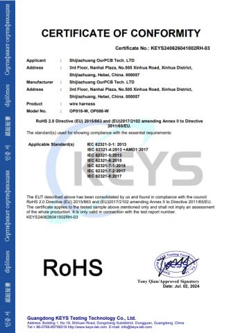 RoHS certificate of Shijiazhuang OurPCB Tech. Ltd. – certificate photo, supplier certificates section