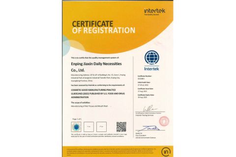 GMP certificate from Enping Jiaxin Daily Necessities Co., Ltd.