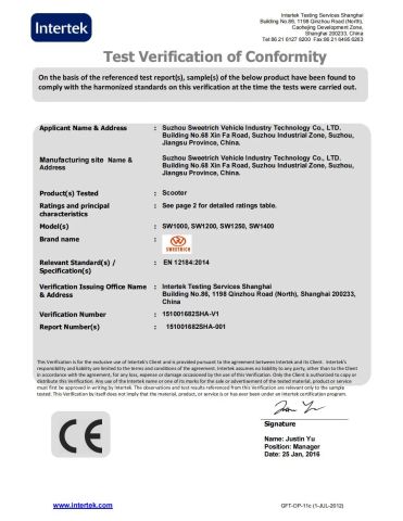 CE-Test-Verification-of-Conformity certificate from Sweetrich (Suzhou) Co., Ltd.