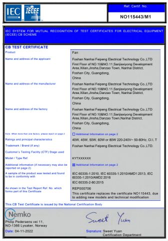 CB certificate from Foshan Jingshun Electrical Appliance Co., Ltd.