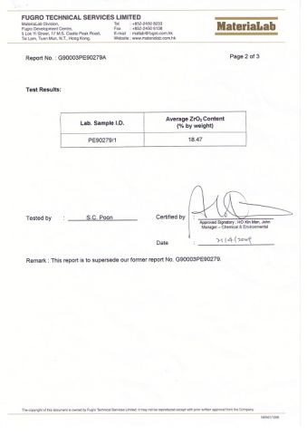 ZrO2 content test report of AR glassfiber roving 02 certificate from Shenzhen Xiangu High-Tech. Co., Ltd.