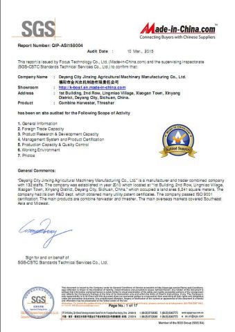 SGS certificate from Deyang City Jinxing Agricultural Machinery Manufacturing Co., Ltd.