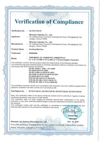 Vending Machine Verification of CE Compliance certificate from Winnsen Industry Co., Ltd.