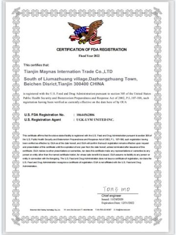 CERTIFICATION of FDA REGISTRATION certificate from Tianjin Maynas International Trade Co.,Ltd