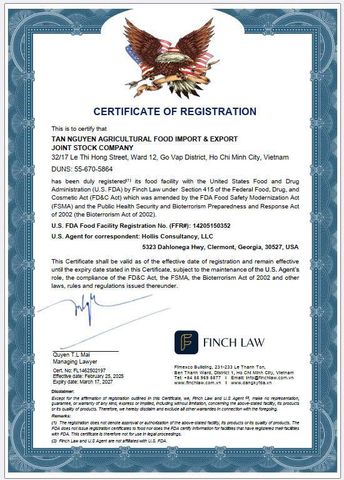 FDA certificate of CONG TY CP XNK TPNN TAN NGUYEN – certificate photo, supplier certificates section